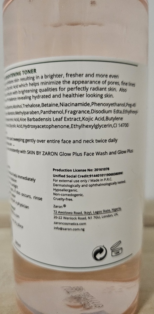 SKIN BY ZARON ULTIMATE GLOW BRIGHTENING TONER 300ml