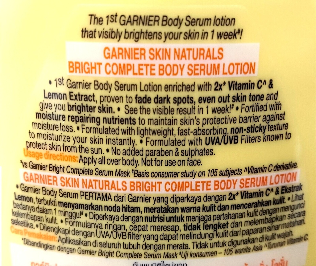 GARNIER SKIN NATURALS NEW BRIGHT COMPLETE VITAMIN C BODY LOTION 400ml