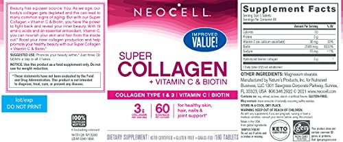 NEOCELL GRASSFED COLLAGEN PEPTIDES+VITAMIN C & BIOTIN DIETARY SUPPLEMENT 180TABLETS