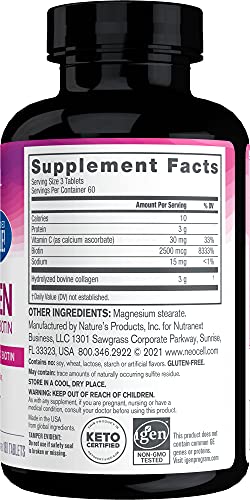 NEOCELL GRASSFED COLLAGEN PEPTIDES+VITAMIN C & BIOTIN DIETARY SUPPLEMENT 180TABLETS