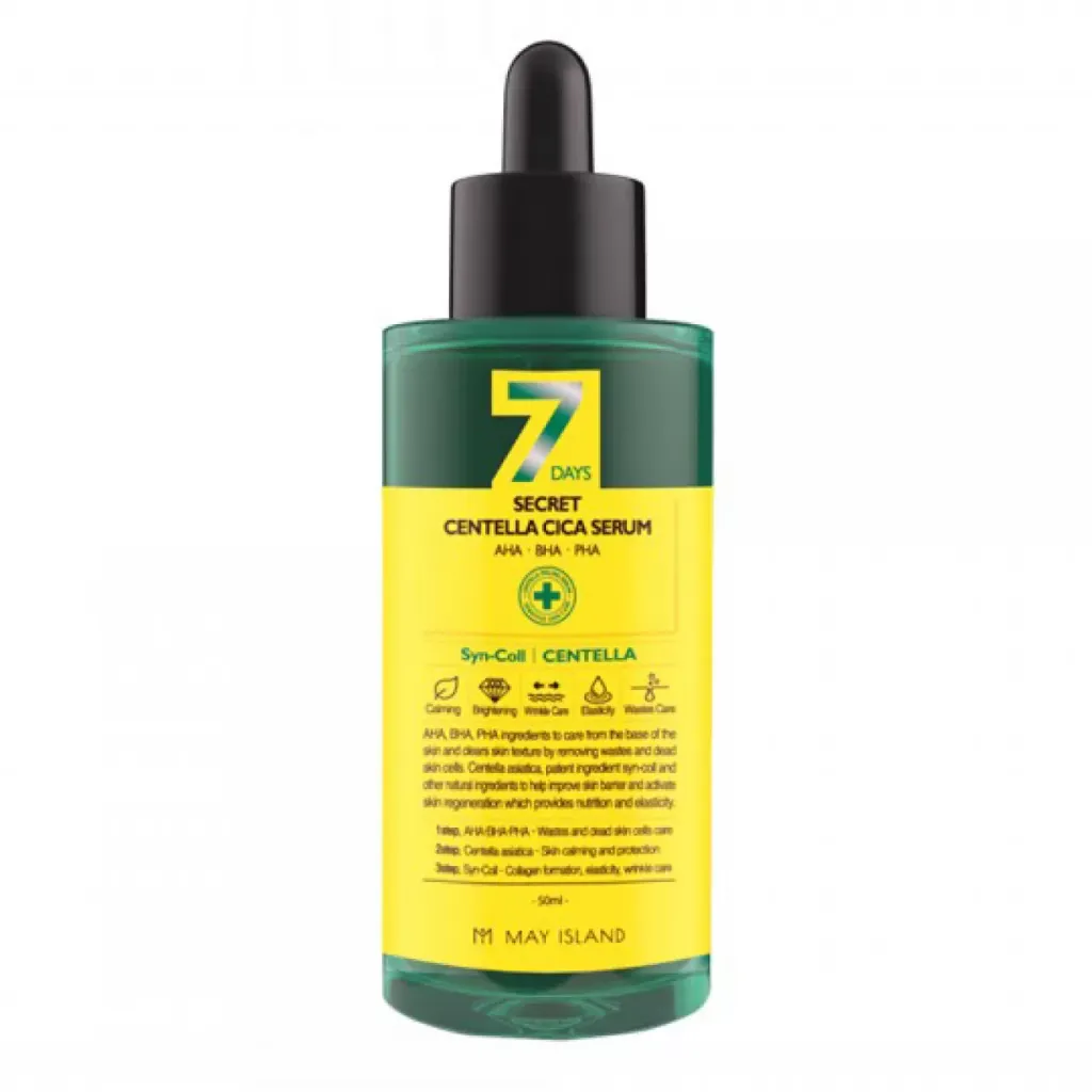 MAY ISLAND 7 DAYS SECRET CENTELLA CICA SERUM 50mL [ 200,000 ppm Centella Asiatica and AHA/BHA/PHA for exfoliation, best suited for oily or acne-prone skin types ]