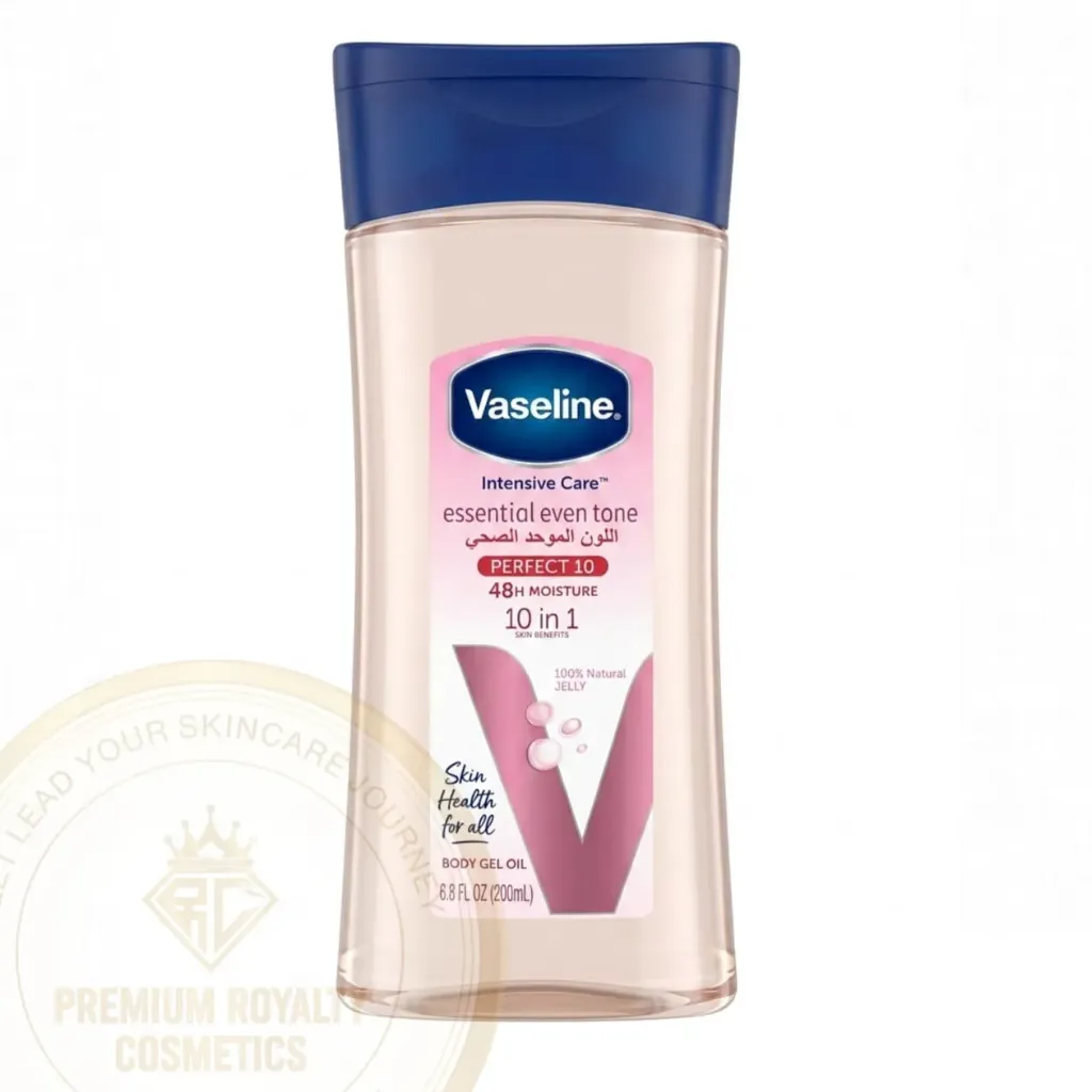 VASELINE INTENSIVE CARE ESSENTIAL EVEN TONE ( PERFECT 10 ) 48H MOISTURE 10 IN 1 BODY GEL OIL 200ML