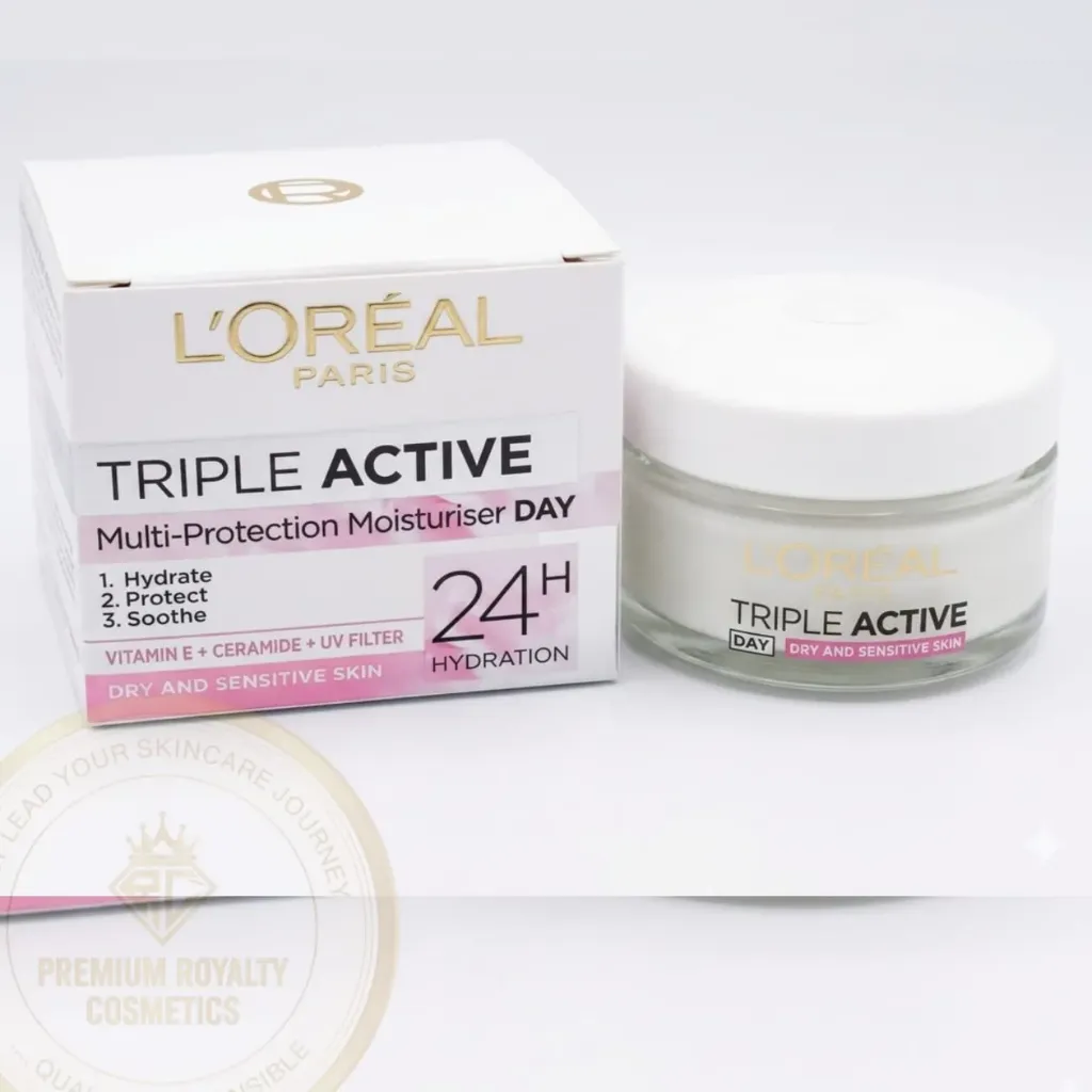 L'OREAL PARIS TRIPLE ACTIVE 24H ( MULTI-PROTECTION MOISURISER DAY ) VITAMIN E + CERAMIDE + UV FILTER ( DRY AND SENSITIVE SKIN ) 50mL